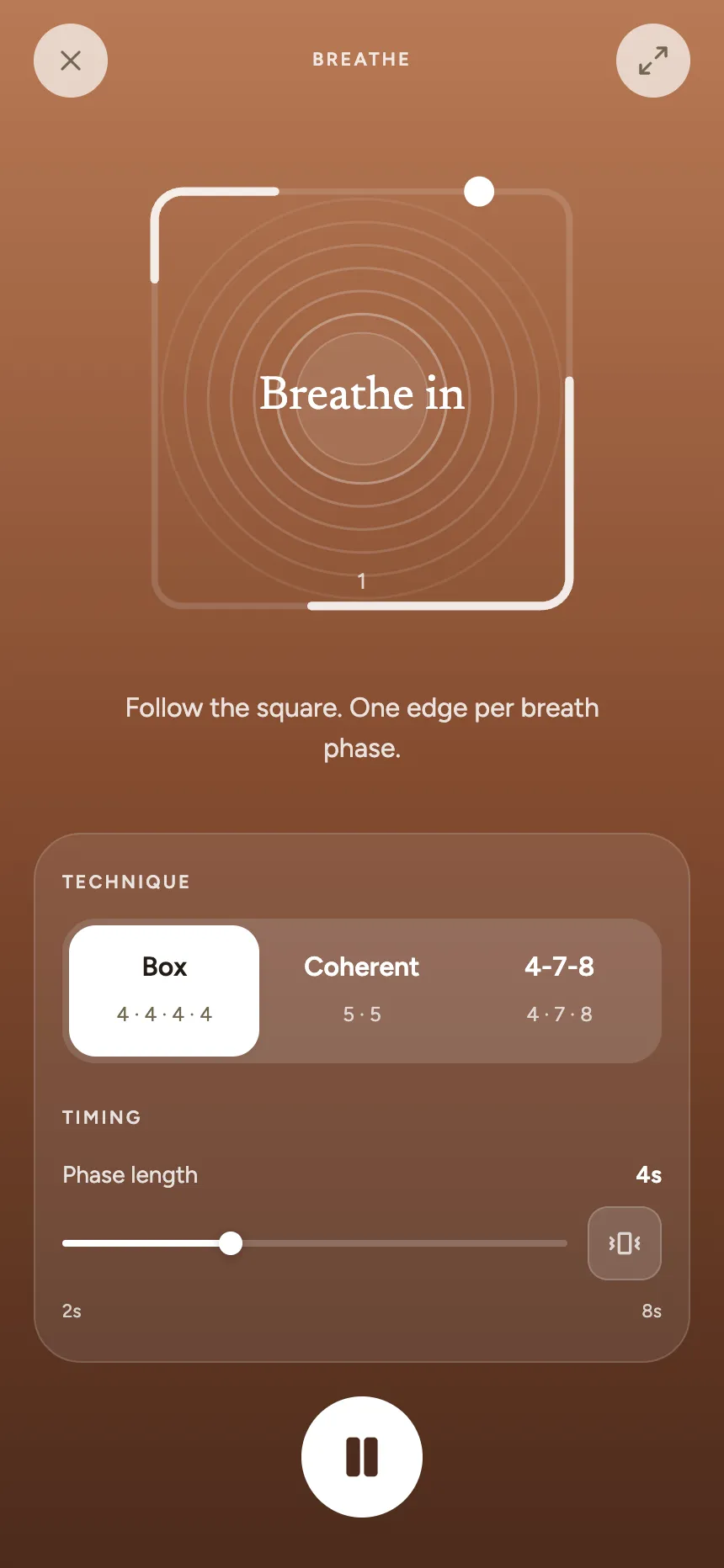 The breathe screen, guiding a box-breathing cycle around a slowly tracing square