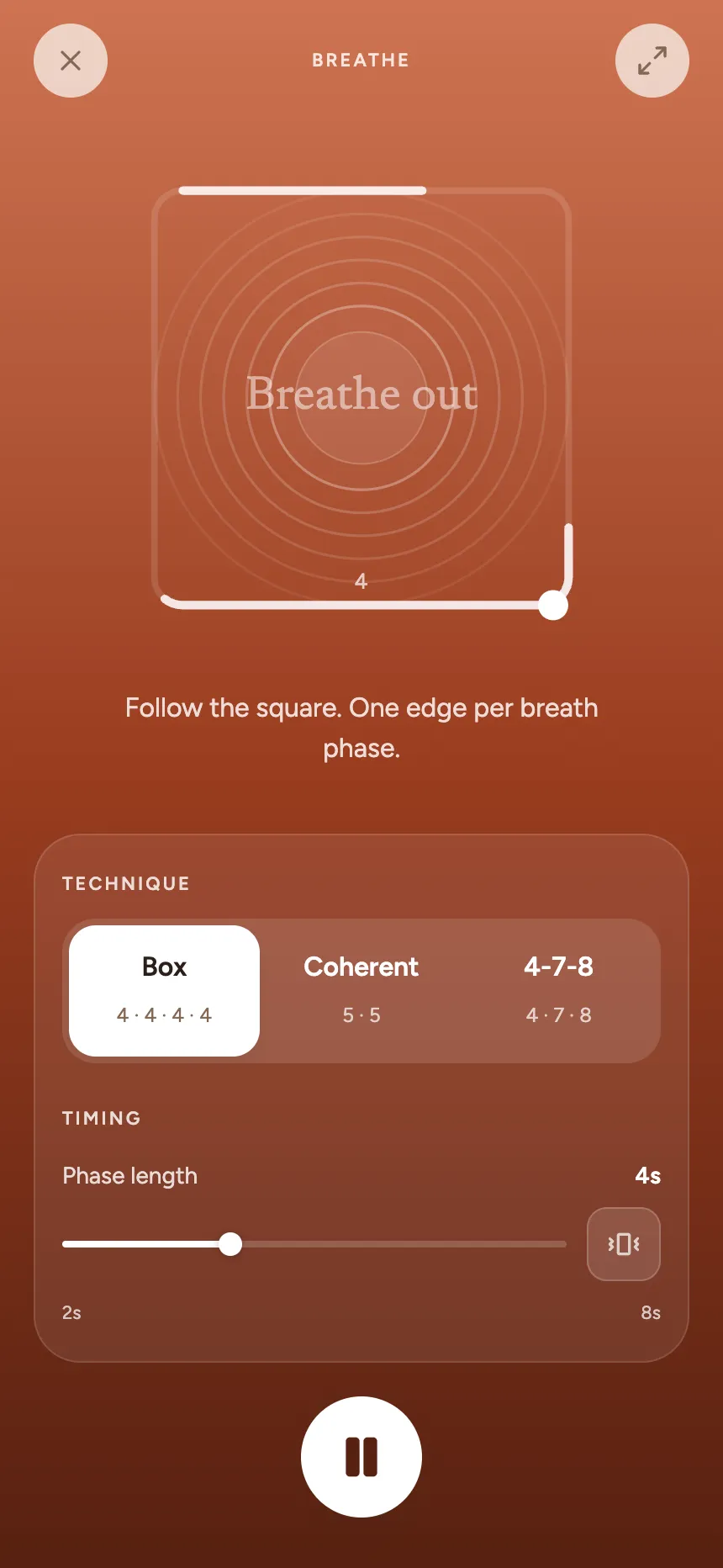 The breathe screen, guiding a box-breathing cycle around a slowly tracing square