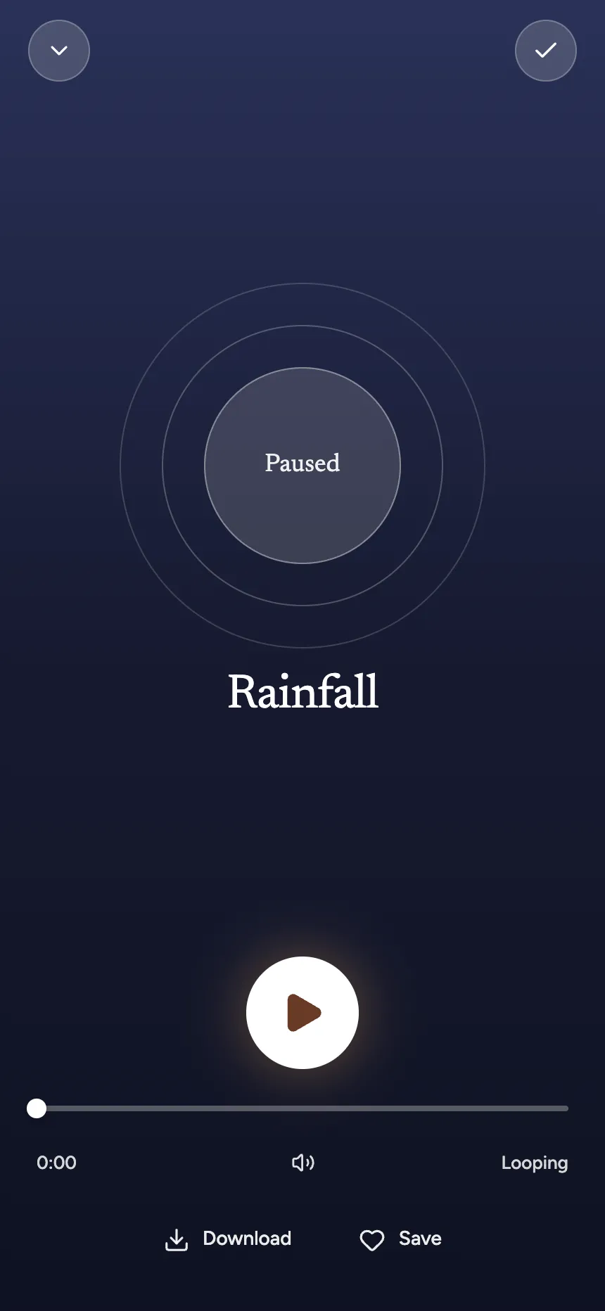 The player, showing the Rainfall soundscape on a deep night background