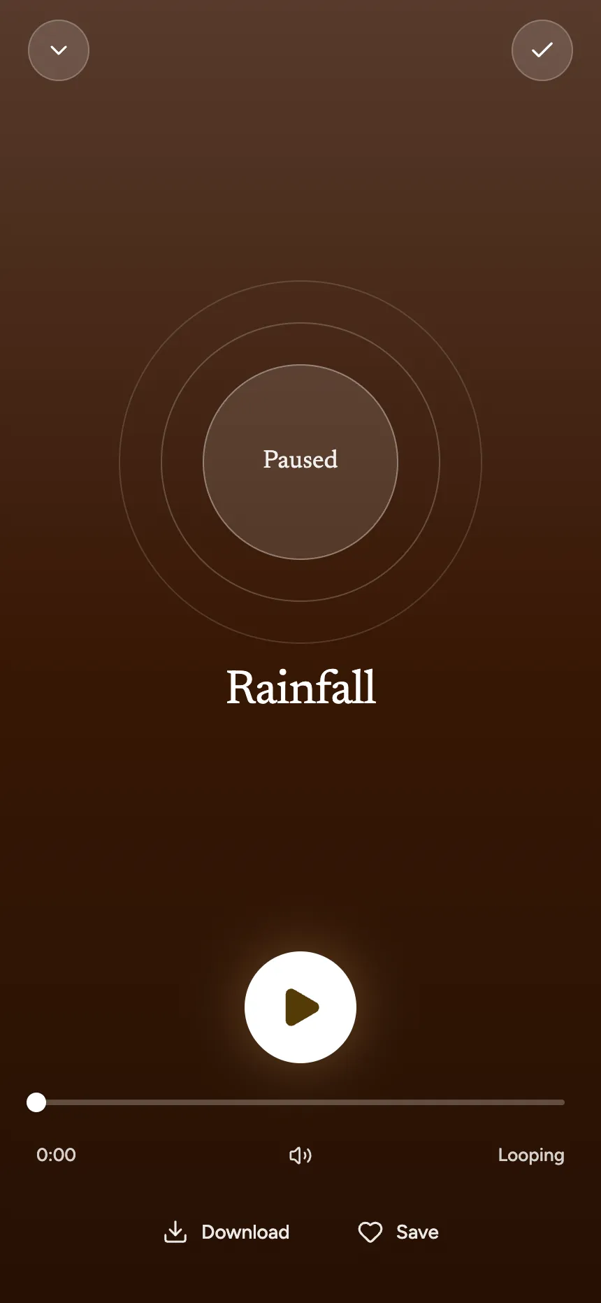 The player, showing the Rainfall soundscape on a deep night background