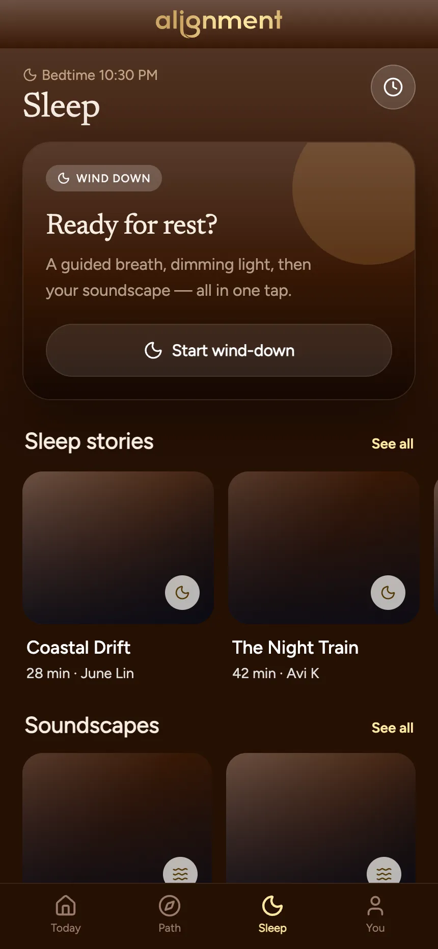 The Sleep tab, with a wind-down card, sleep stories and soundscapes