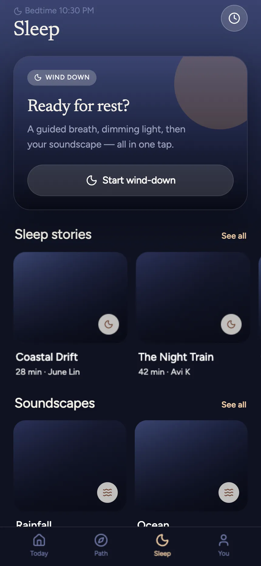 The Sleep tab, with a wind-down card, sleep stories and soundscapes