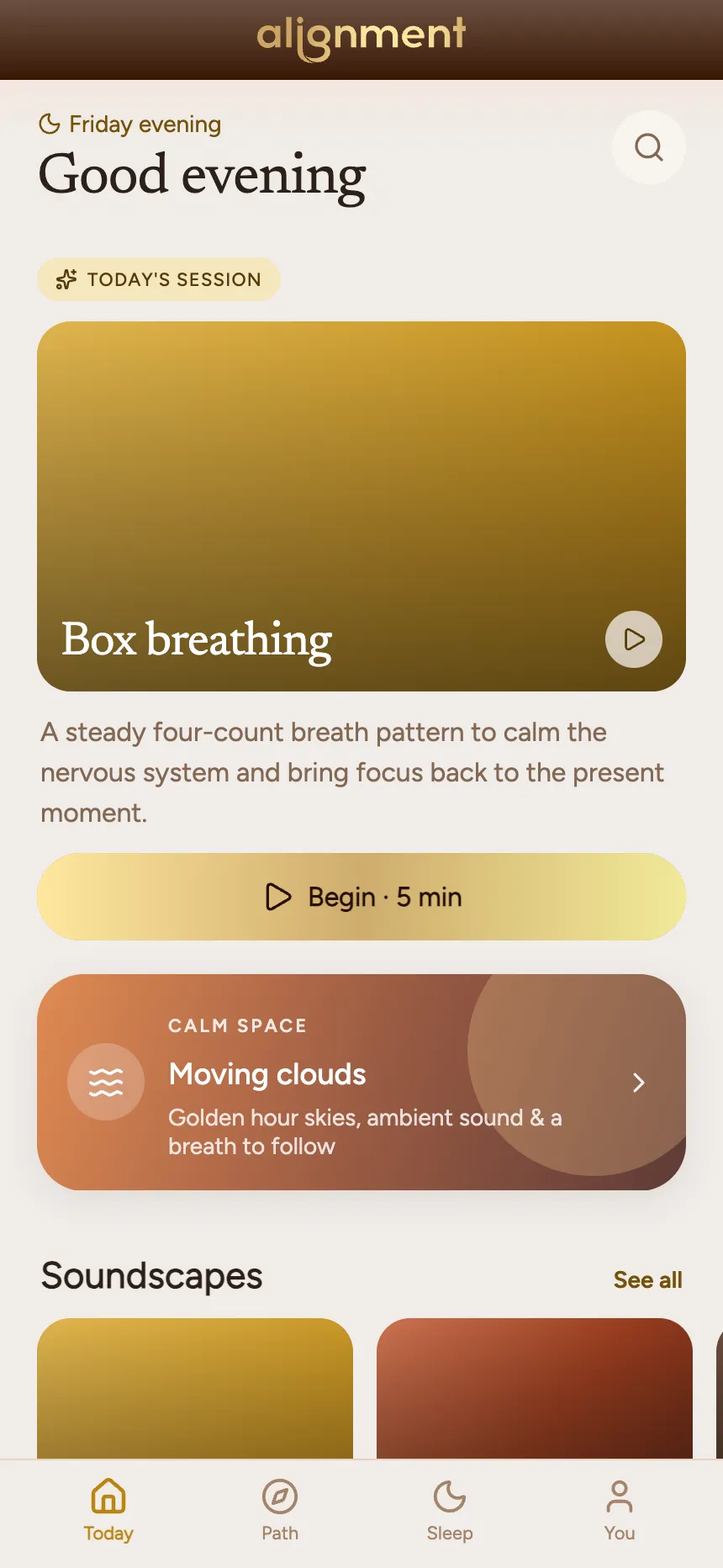The Today screen: a morning greeting above the day's suggested session