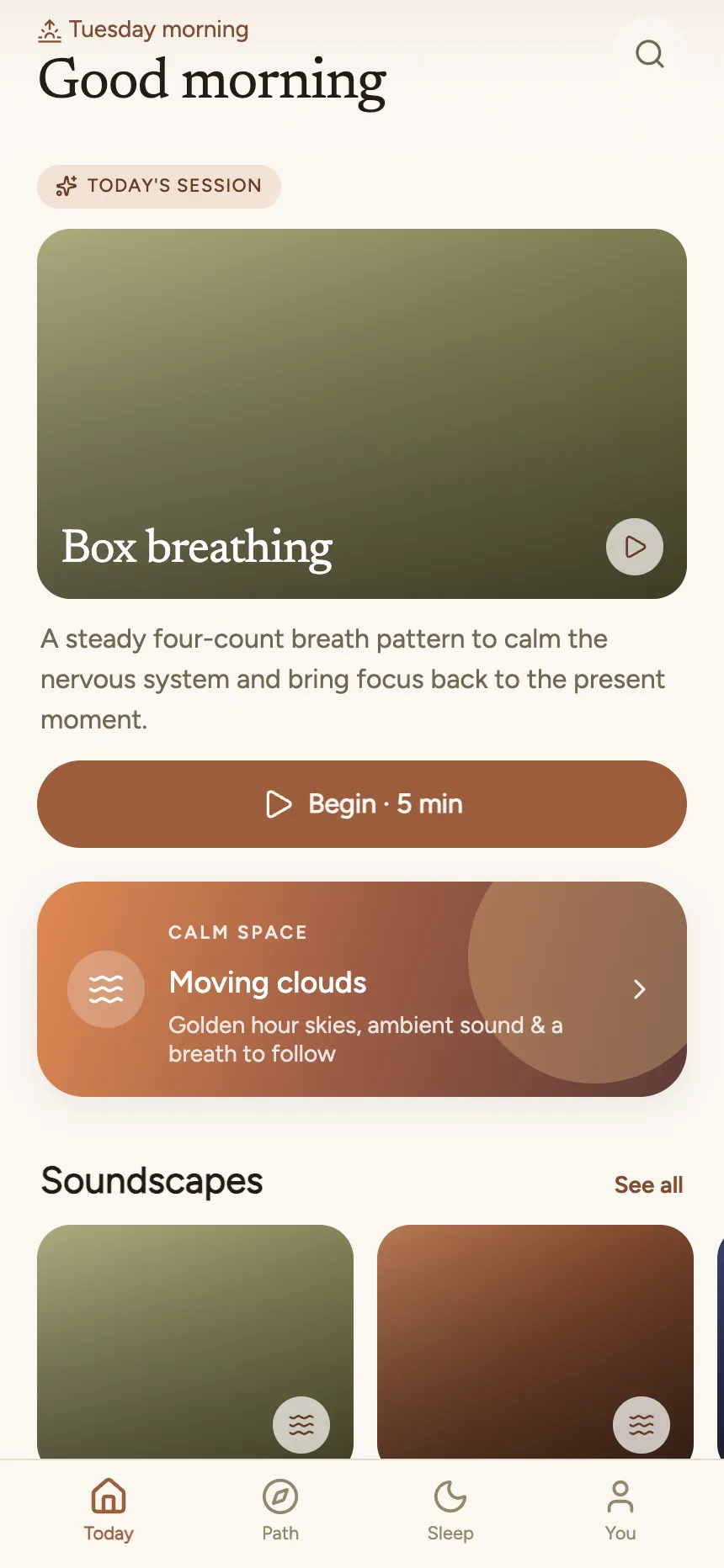 The Today screen: a morning greeting above the day's suggested session